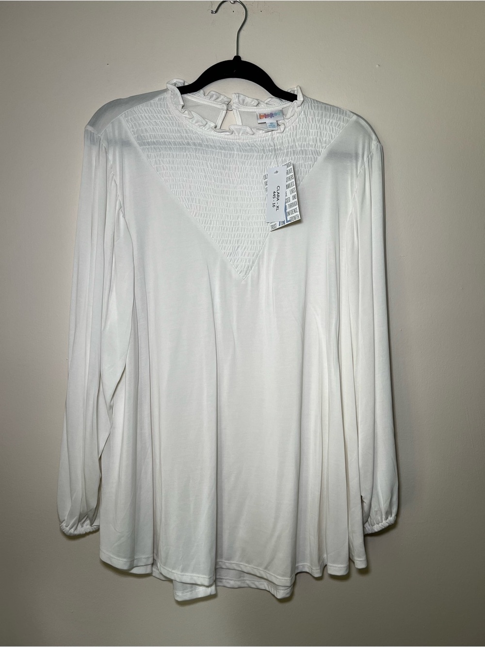 LuLaRoe Clara White Long Sleeve Smocked Yoke Top